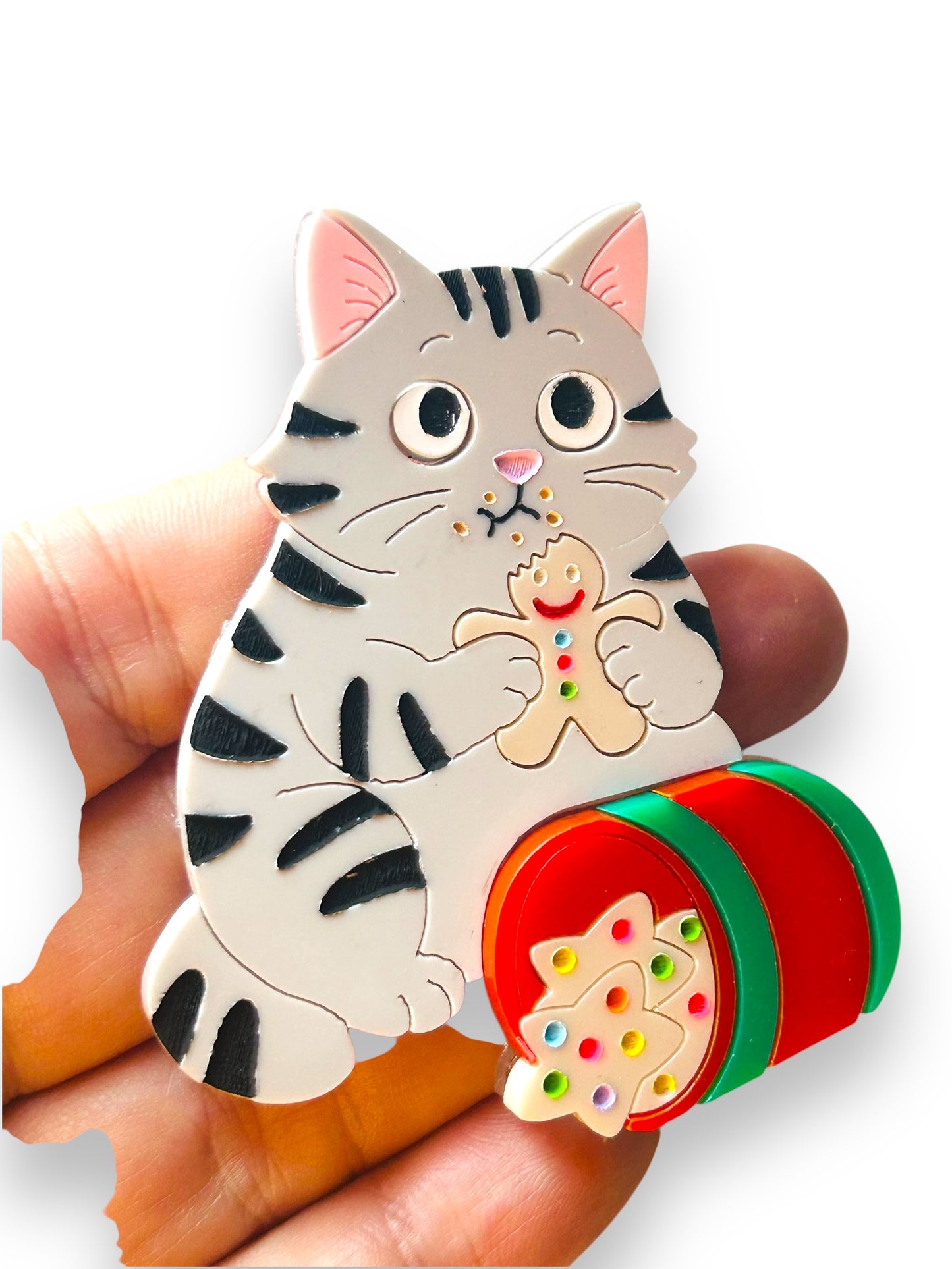 Meowy Christmas - Spilla Gatto Grigio con Barattolo di Biscotti
