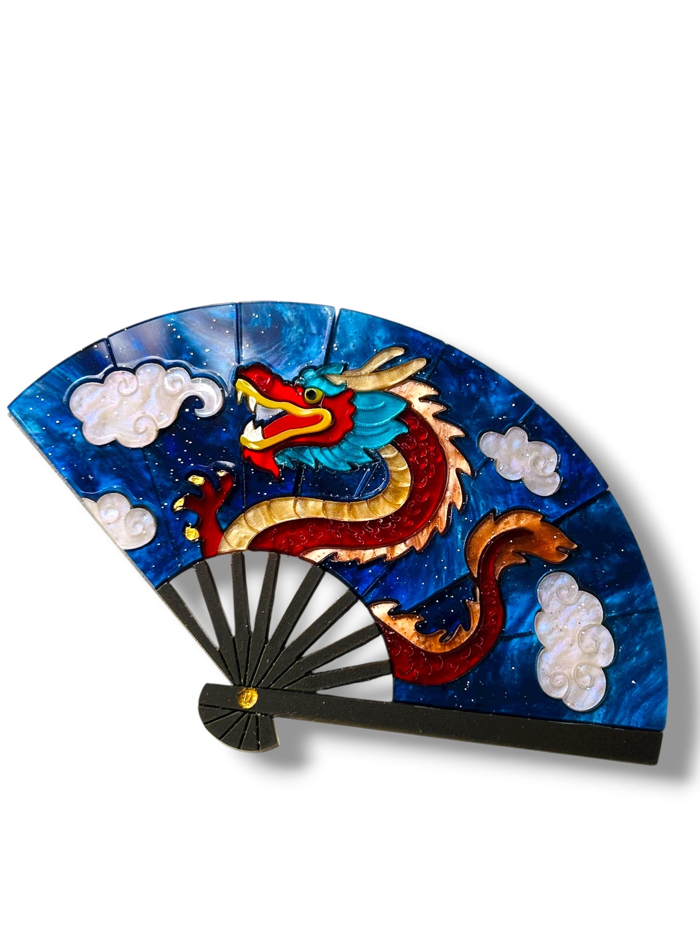 Echo Of The East - Spilla Ventaglio Blu con Dragone Rosso