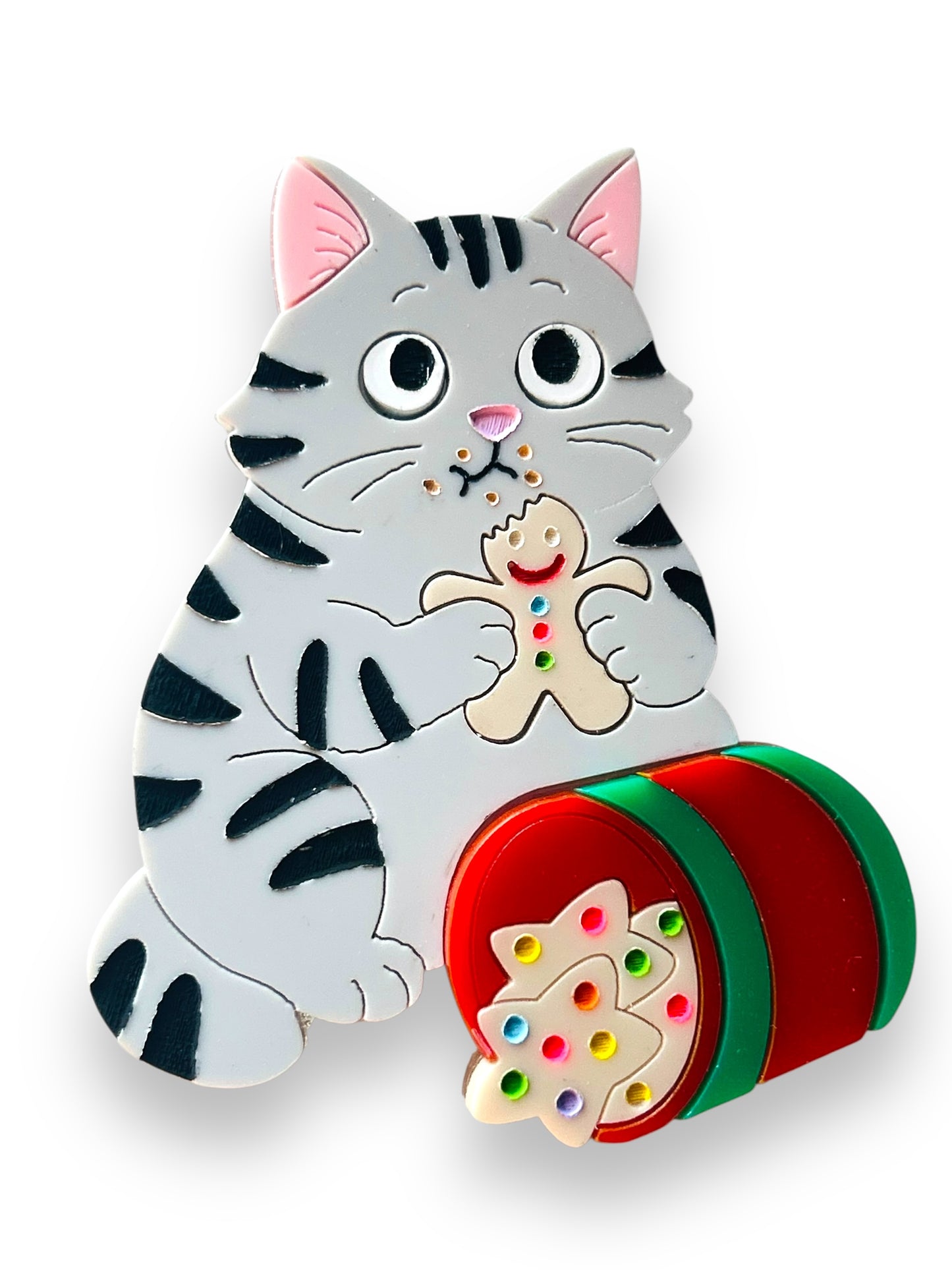 Meowy Christmas - Spilla Gatto Grigio con Barattolo di Biscotti