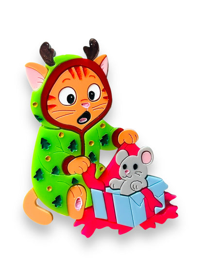 Meowy Christmas - Spilla Gatto che Apre i Regali di Natale