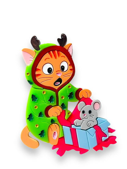 Meowy Christmas - Spilla Gatto che Apre i Regali di Natale