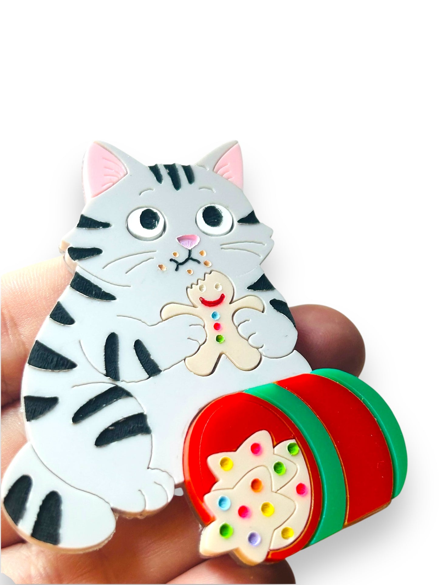 Meowy Christmas - Spilla Gatto Grigio con Barattolo di Biscotti