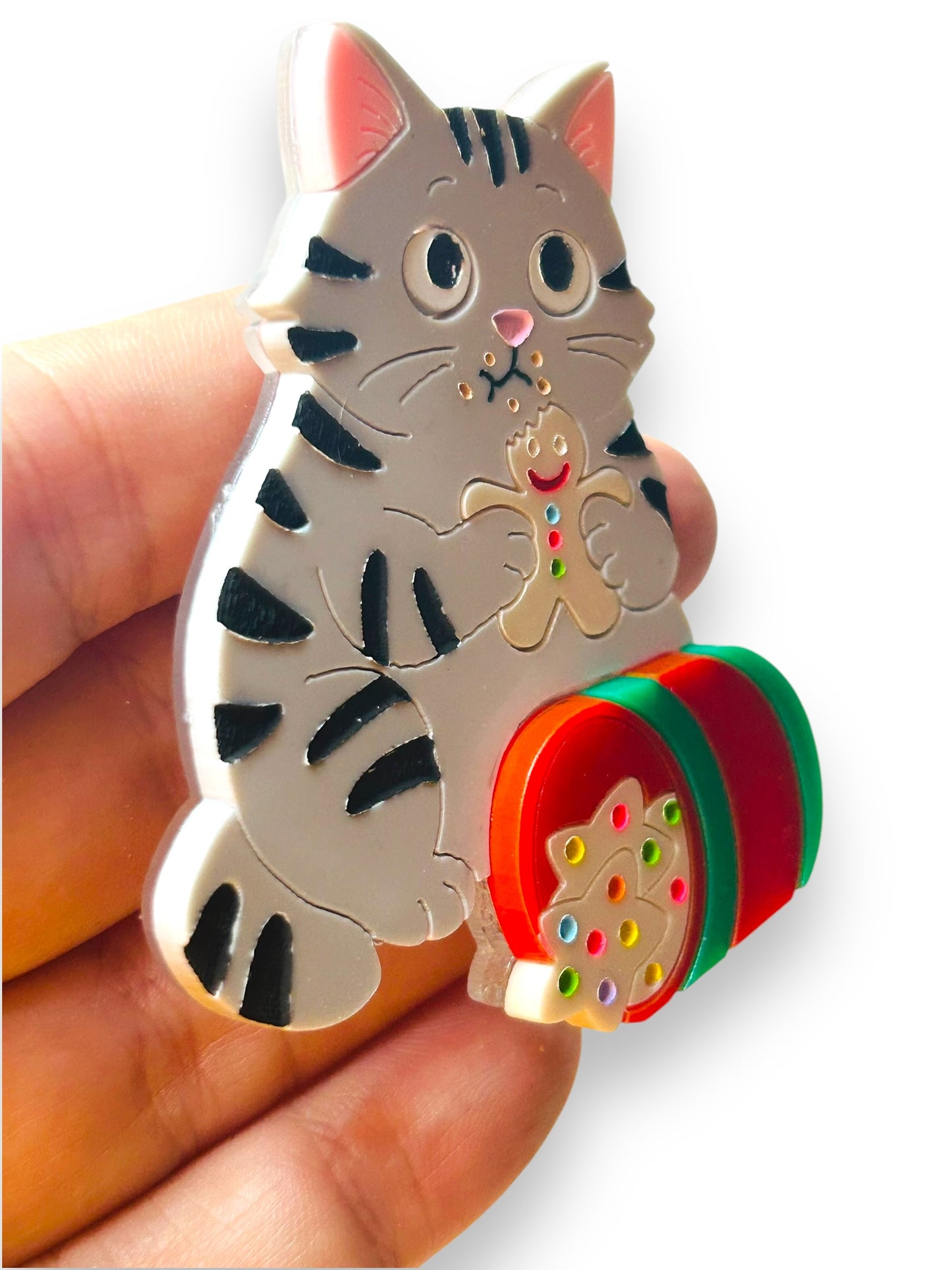 Meowy Christmas - Spilla Gatto Grigio con Barattolo di Biscotti
