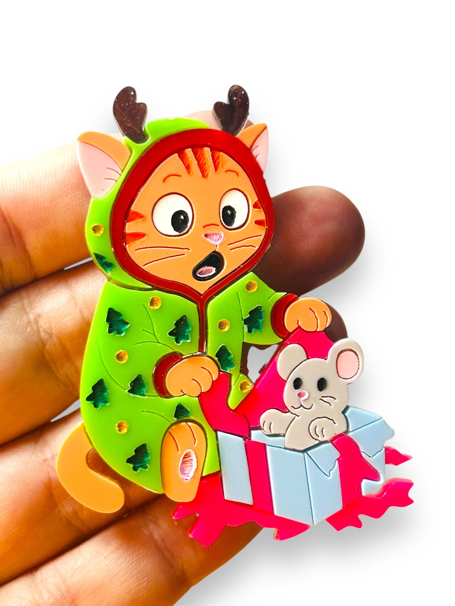 Meowy Christmas - Spilla Gatto che Apre i Regali di Natale