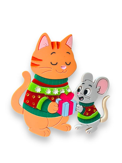 Meowy Christmas - Spilla Gatto con Topolino e Regali
