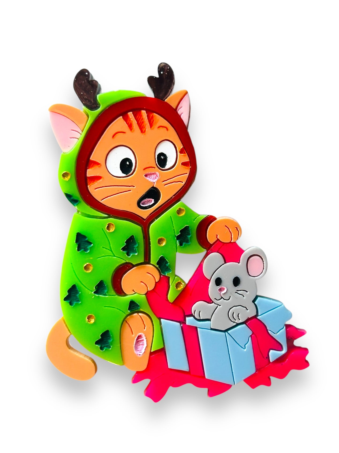 Meowy Christmas - Spilla Gatto che Apre i Regali di Natale