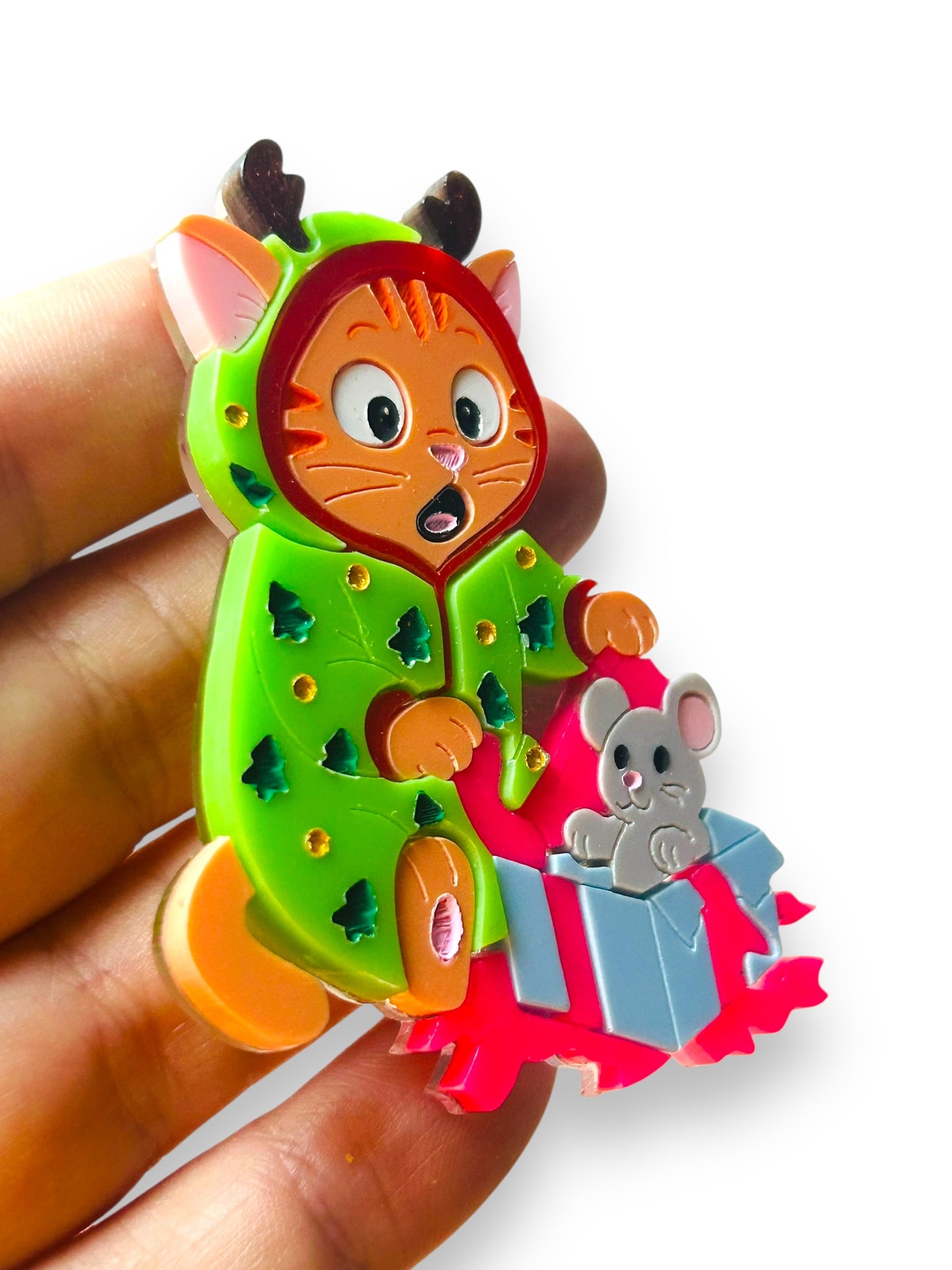 Meowy Christmas - Spilla Gatto che Apre i Regali di Natale