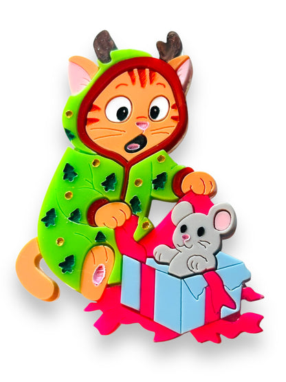 Meowy Christmas - Spilla Gatto che Apre i Regali di Natale