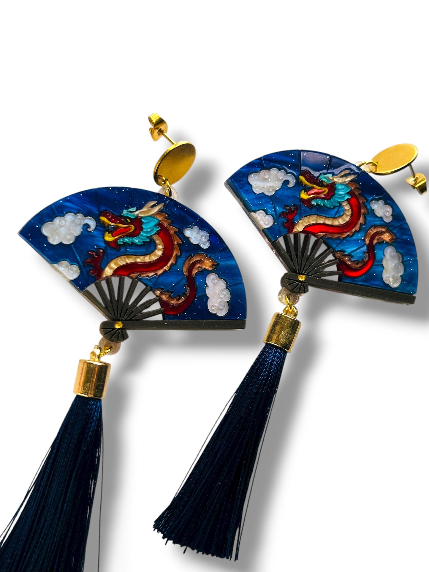 Echo Of The East - Orecchini Pendenti Ventaglio con Dragone