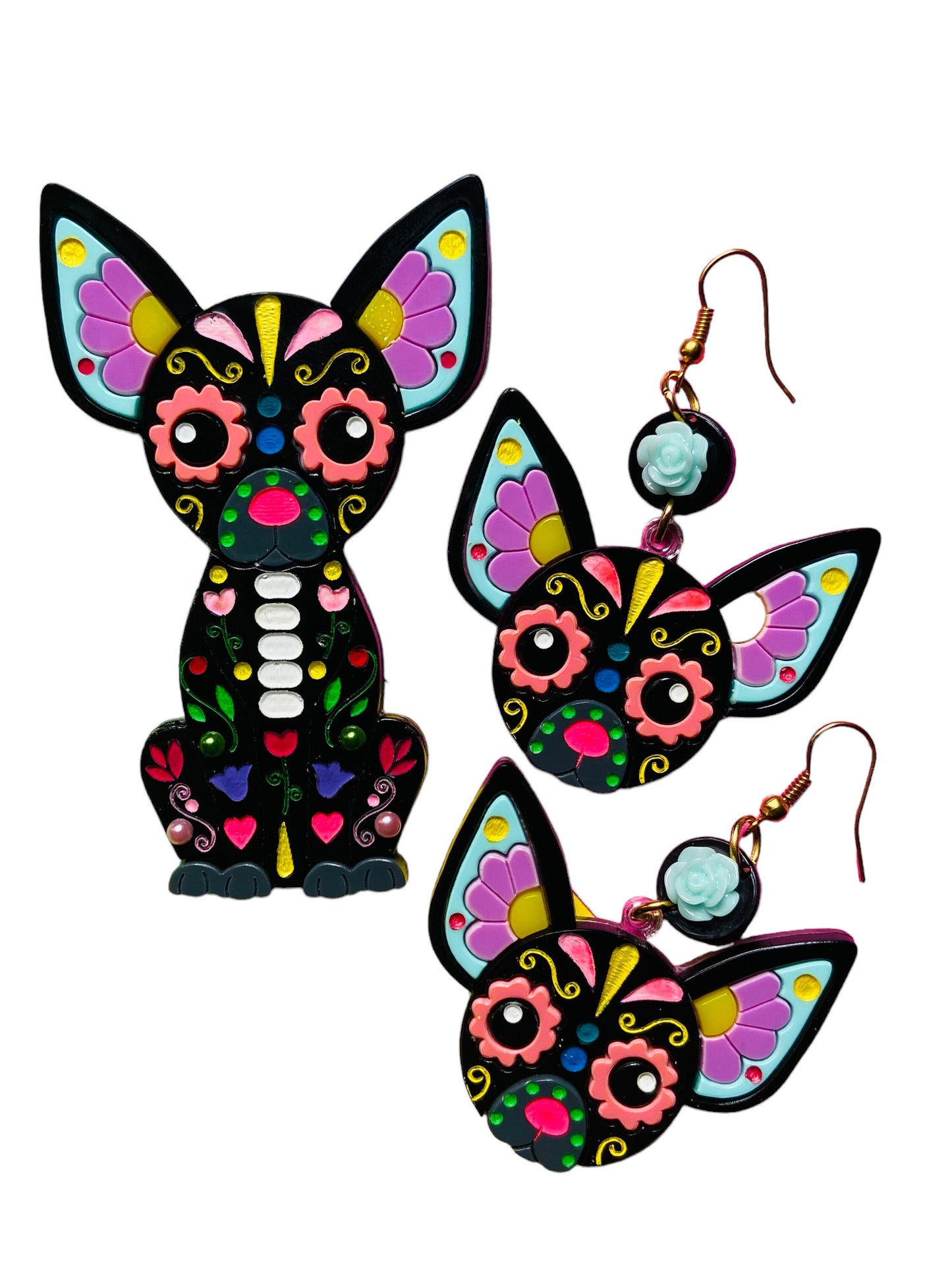 Dia De Los Muertos - Calavera Chihuahua Orecchini + Spilla
