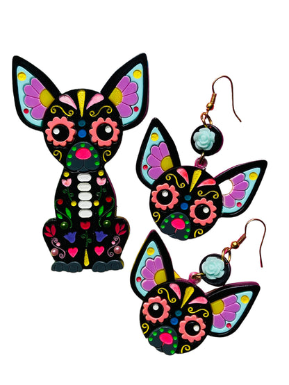 Dia De Los Muertos - Calavera Chihuahua Orecchini + Spilla